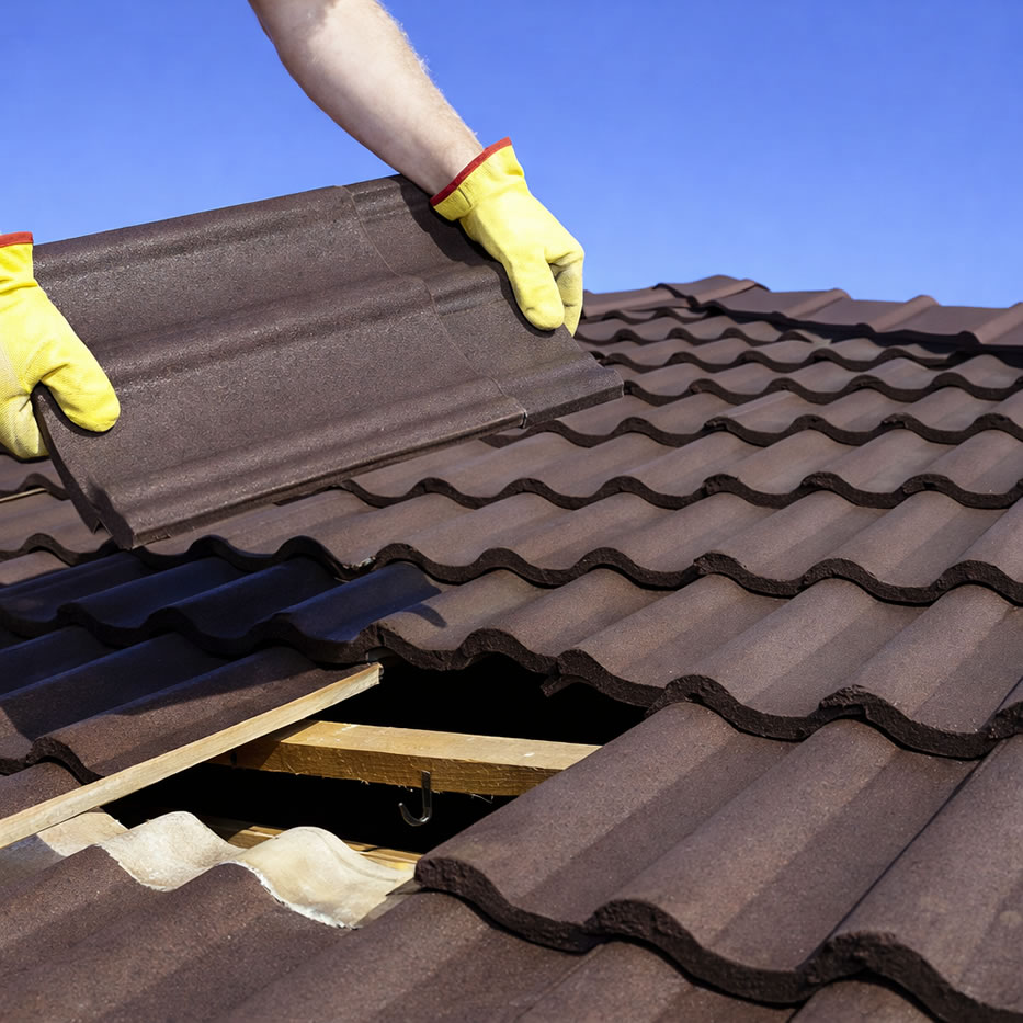 roofer installing new concrete roof tile