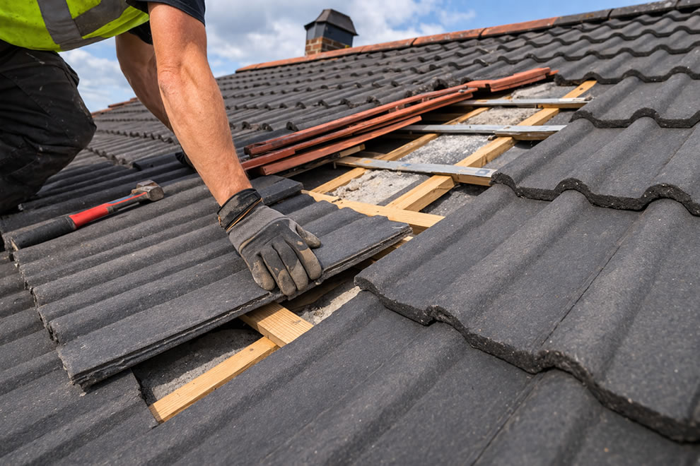 roofer working on roof repair on a pitched roof